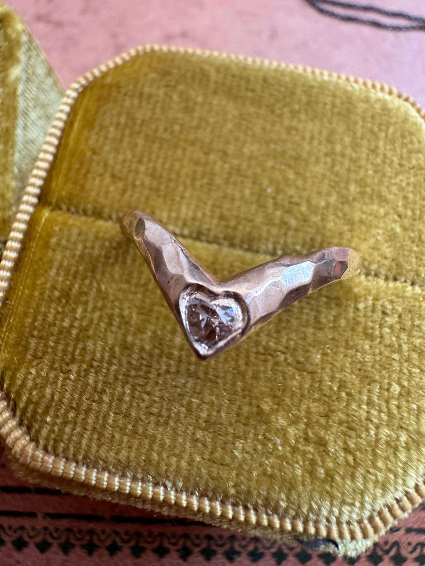 14k gold diamond heart stacking ring with hammered texture by Mary Gallagher Jewelry