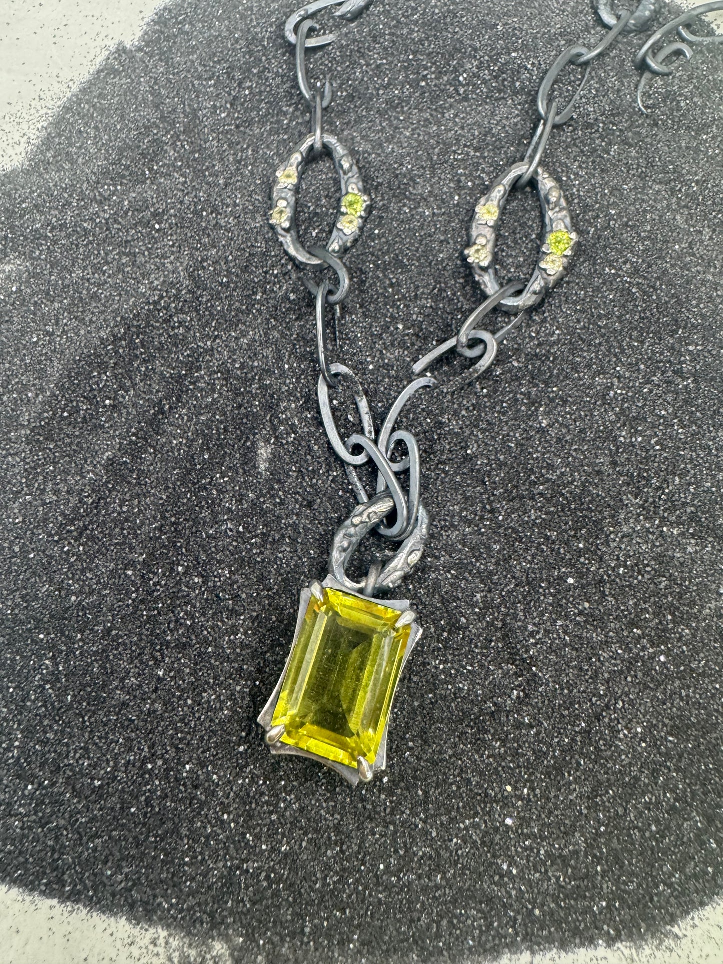 Green Lemon Quartz Statement Necklace with large embellished chain