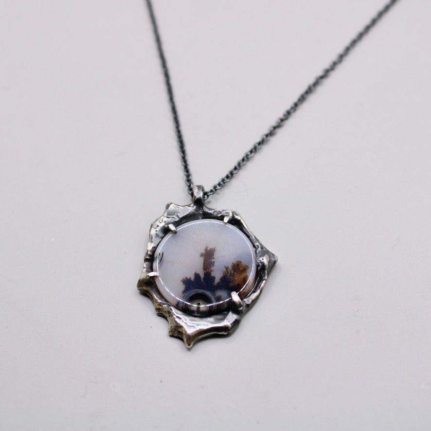 Dendritic coin pendant with sterling silver setting and 18mm agate cab on 18 inch chain