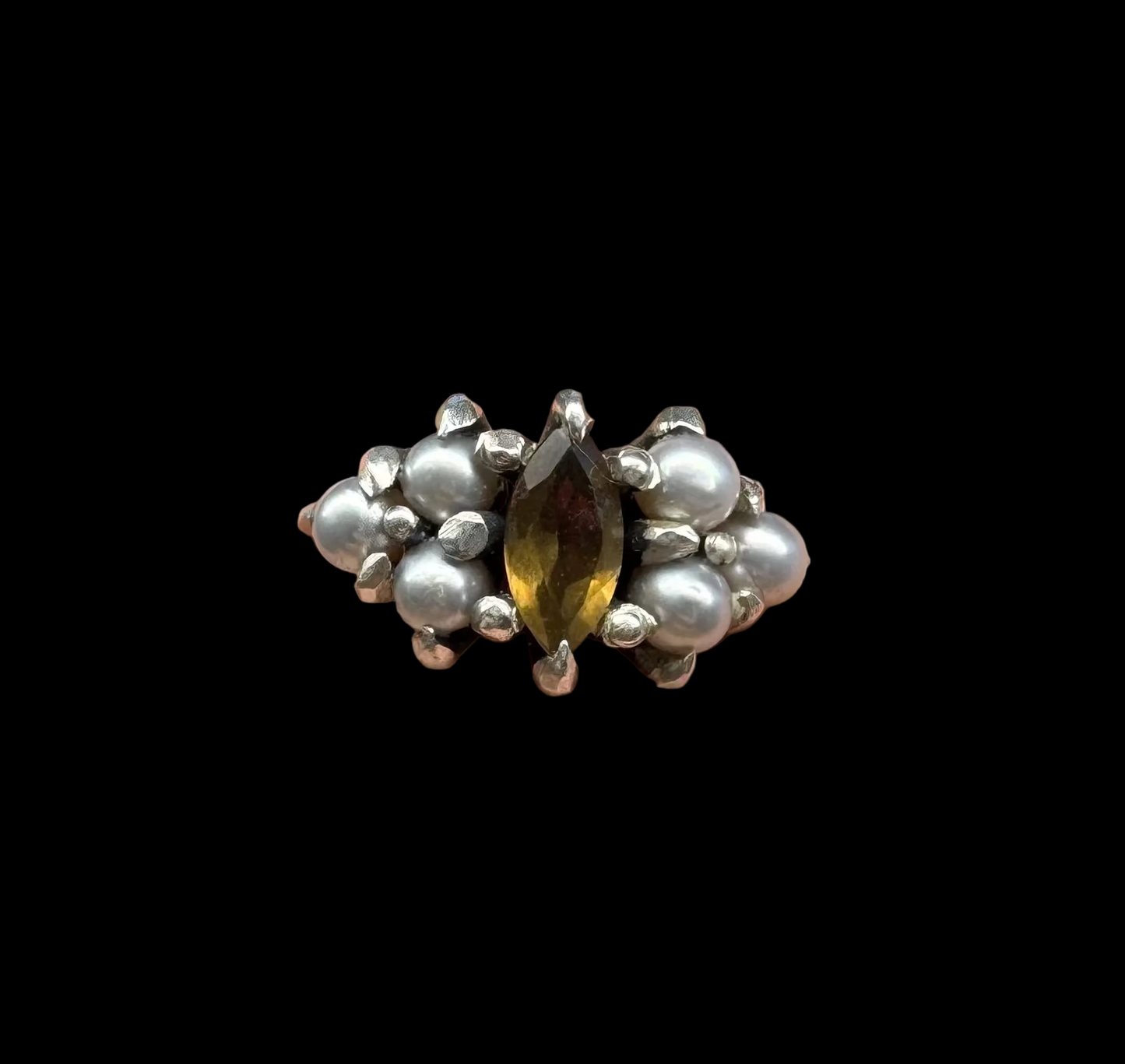 Grey Pearl and Sunset Quartz silver ring size 6.5