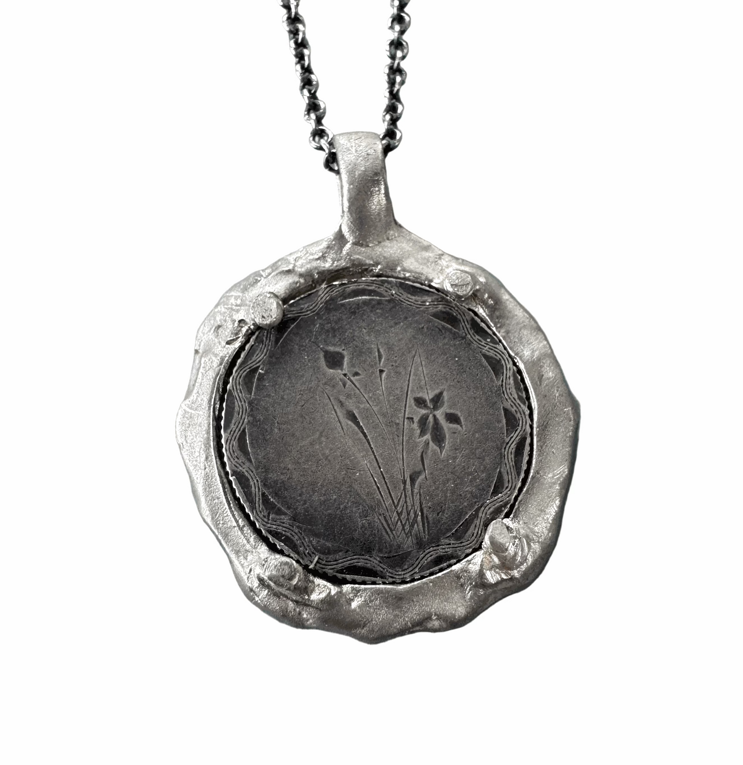 Sterling silver Flower Engraved Love Token pendant on silver chain