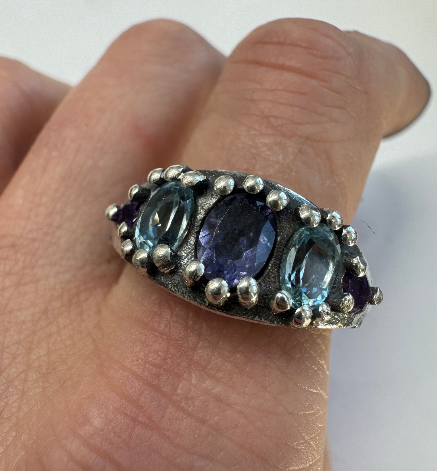 Moon and stars iolite, sky topaz and amethyst silver ring size 9