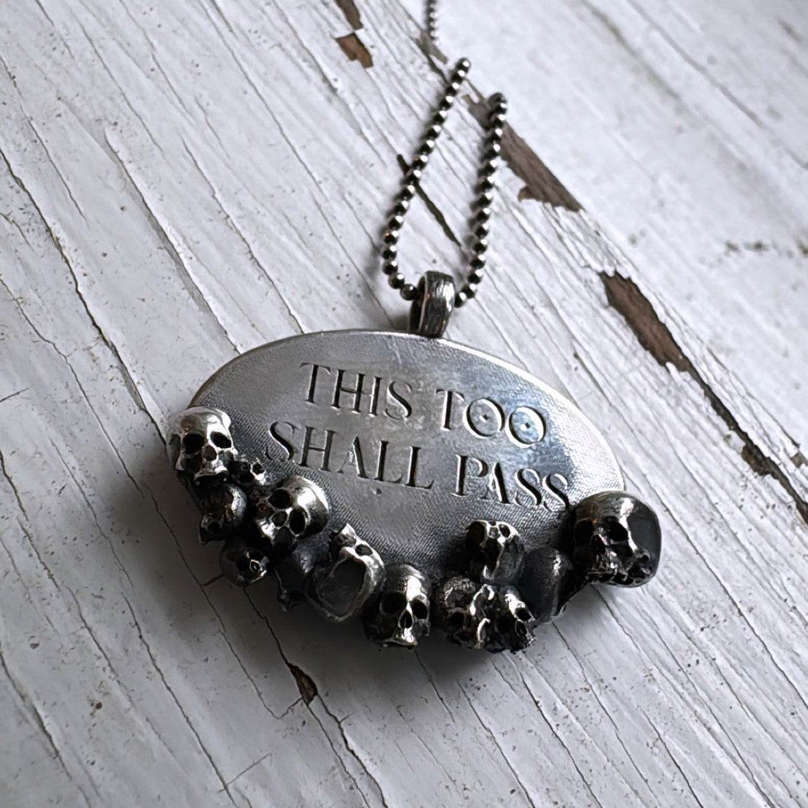 This Too Shall Pass oxidized sterling silver necklace pendant on 18 inch chain