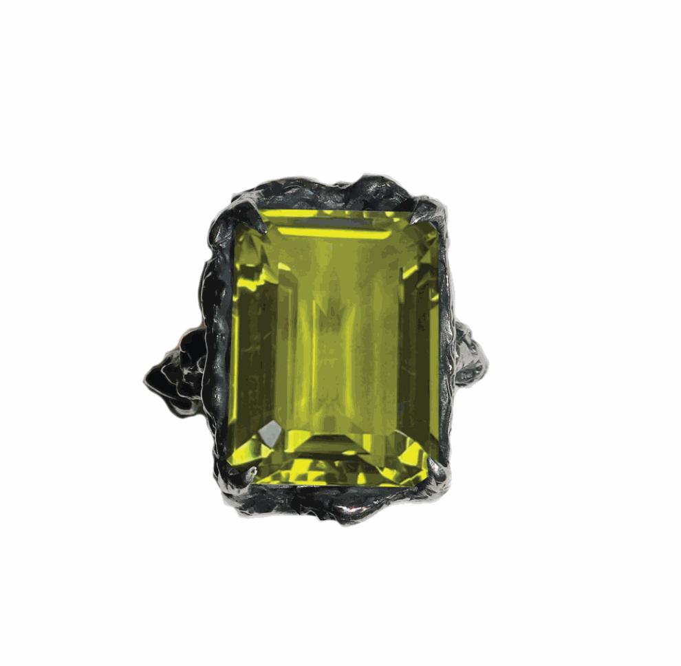 Cocktail ring with green yellow quartz gemstone in sterling silver 16x12