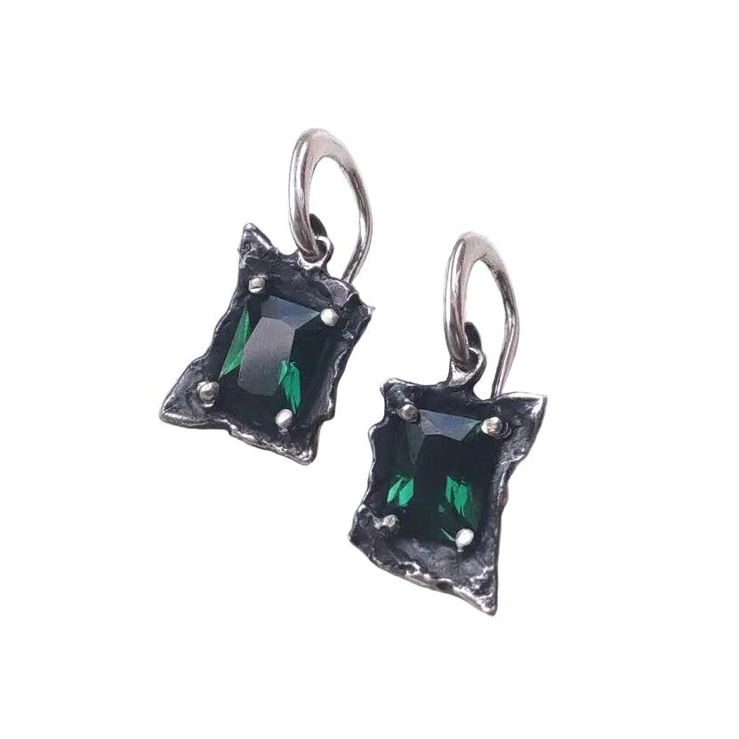 Sterling silver Petal Emerald Earrings with emerald cut green amethyst gemstones on hooks