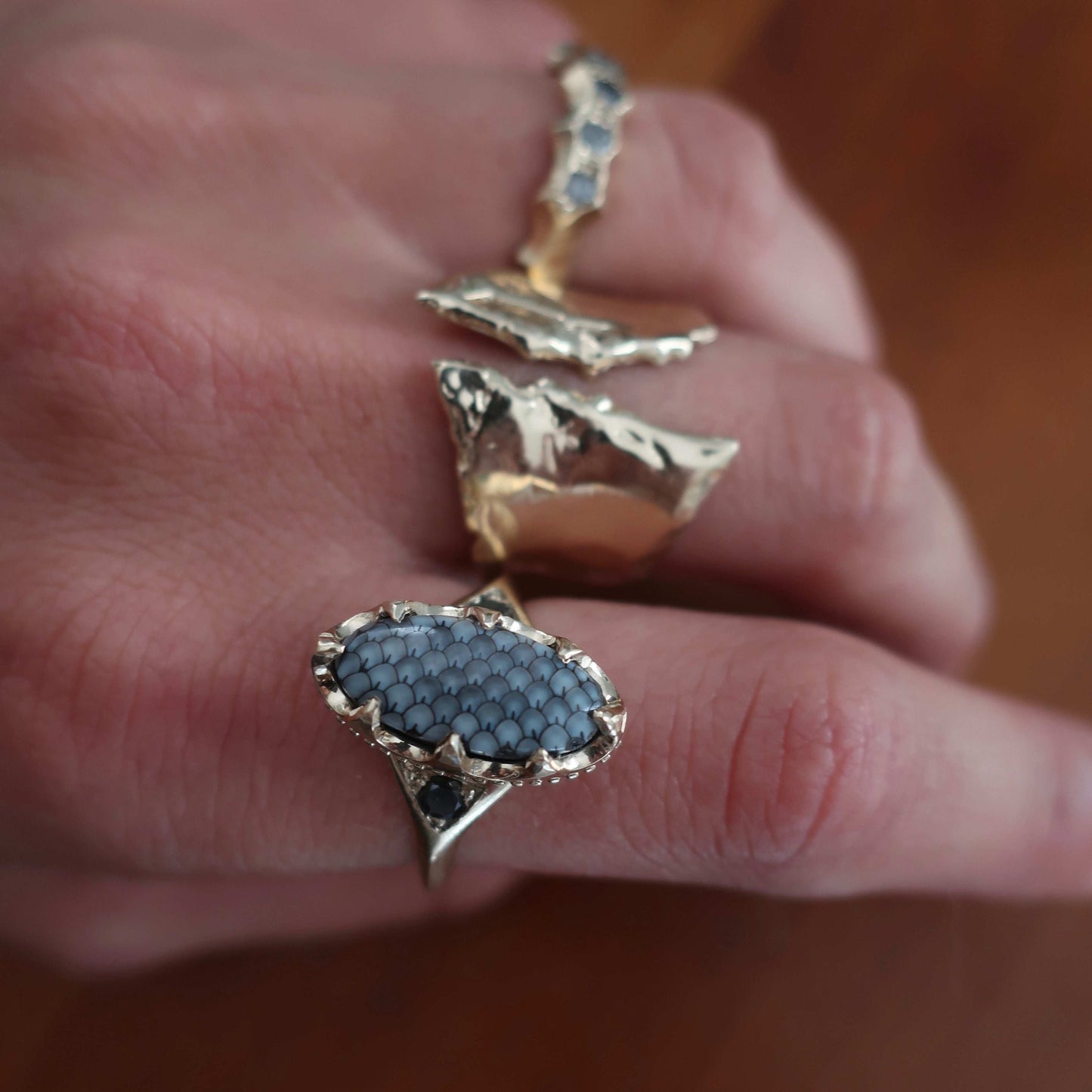 Crown Scale Ring worn on the hand with other rings - Mary Gallagher