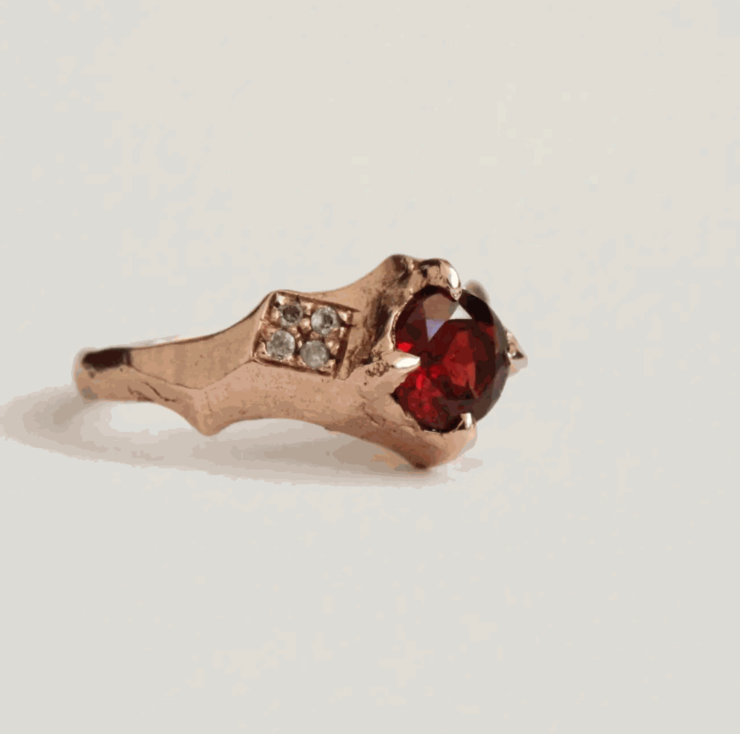 Garnet and Diamond Sculptural Ring in 14 Karat Rose Gold