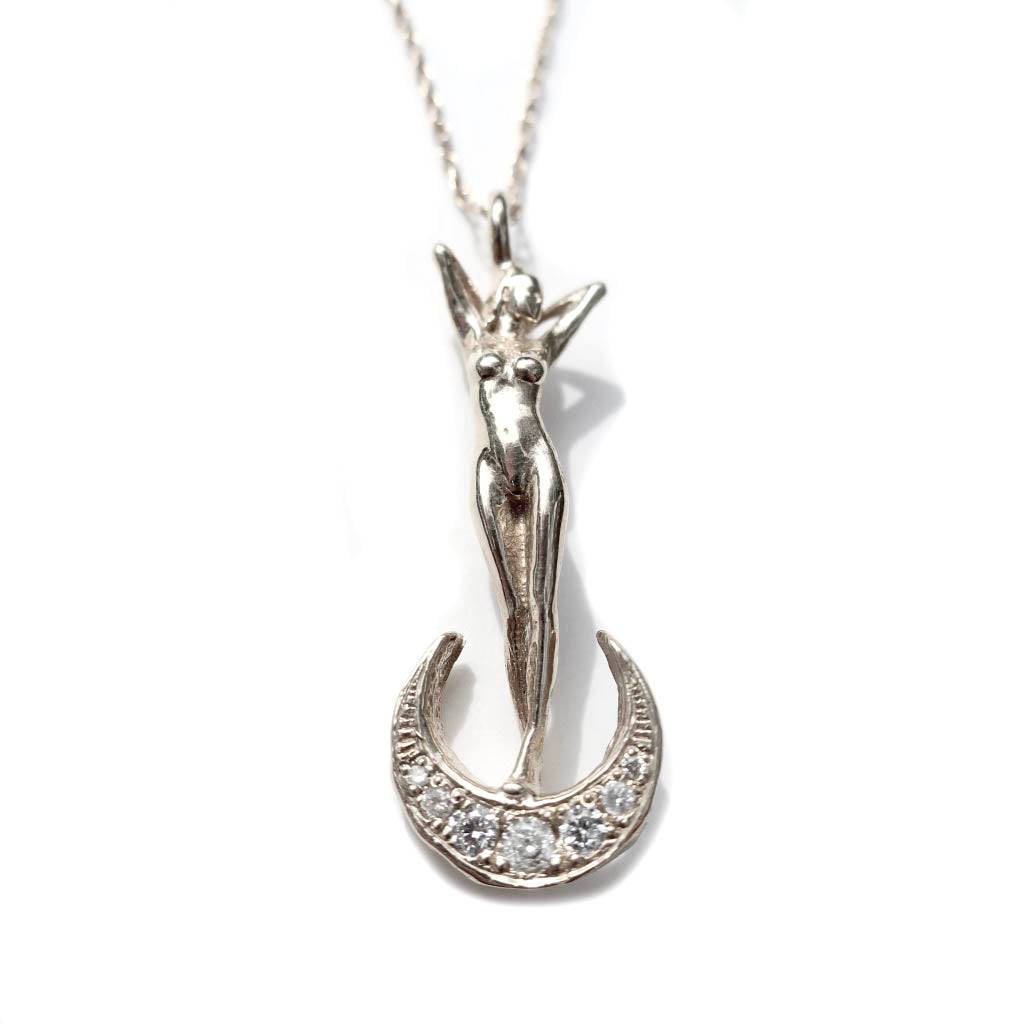 Diamond Dusk Pendant solid 14k gold Siren necklace with pave diamonds on crescent and 20 inch gold chain