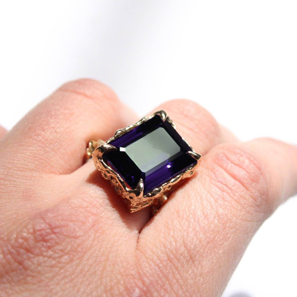 Vintage Inspired 14 Karat Yellow Gold Emerald Cut Royal Amethyst Cocktail Ring