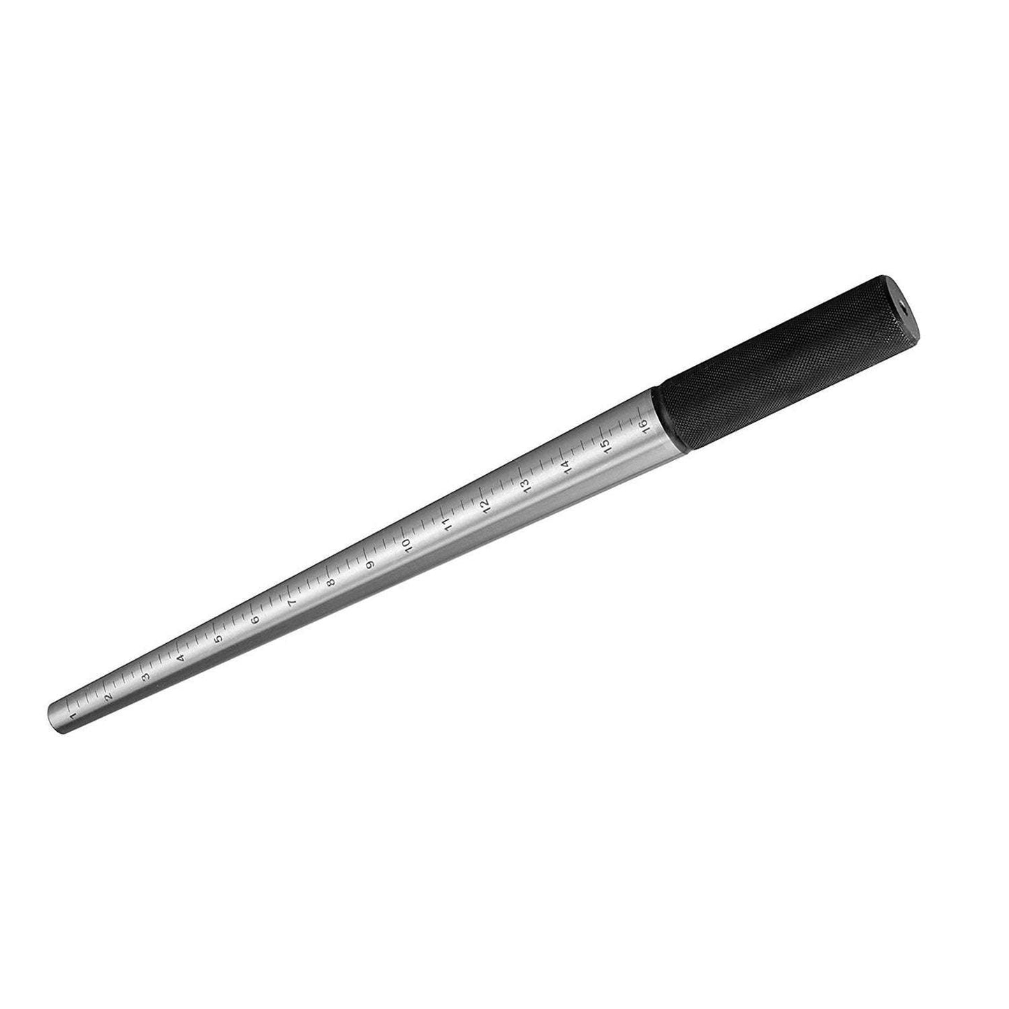 Metal ring mandrel with black handle used for ring resizing measurement