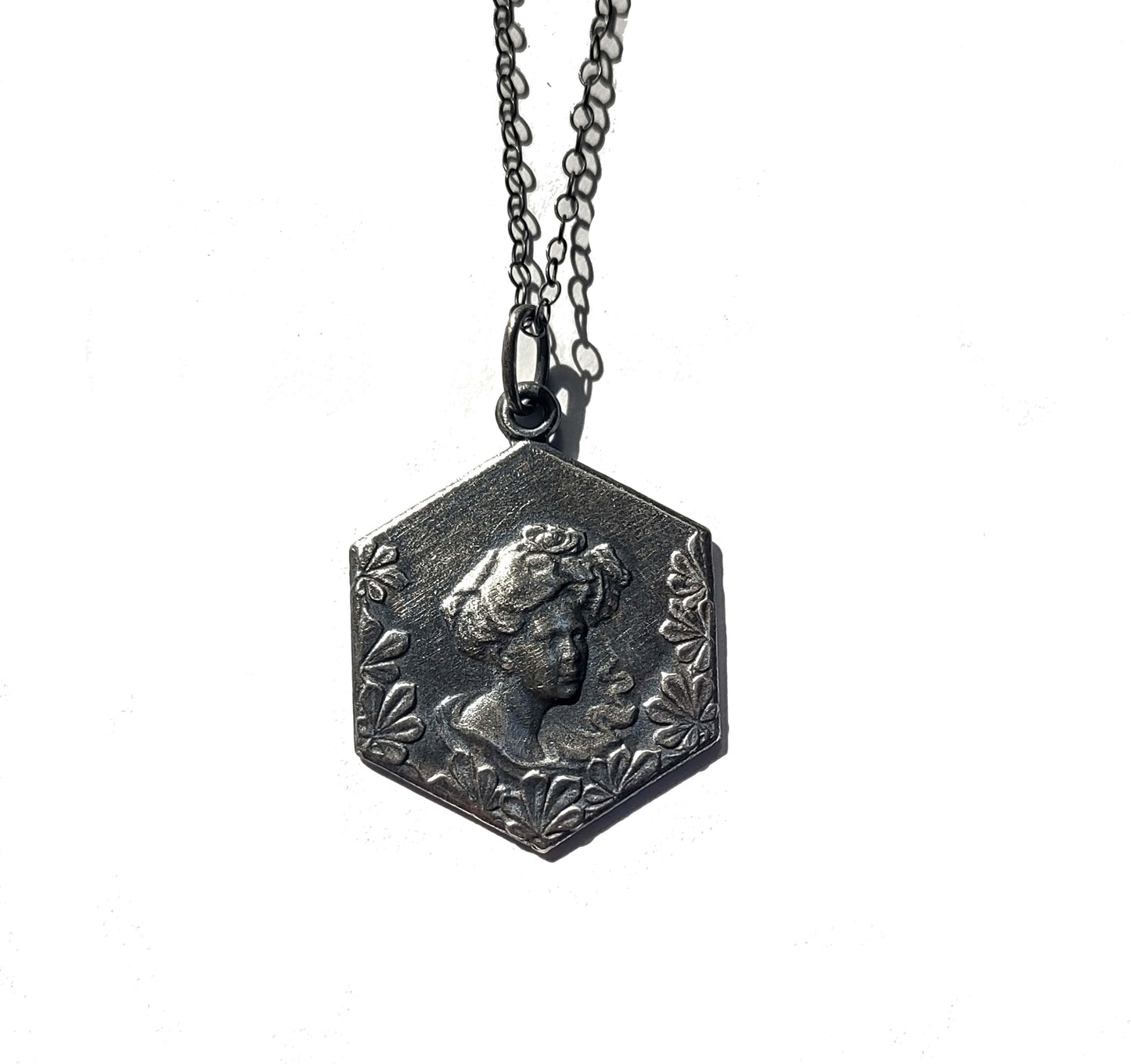 Victorian Woman Pendant sterling silver hexagonal Art Nouveau design on 18 inch chain