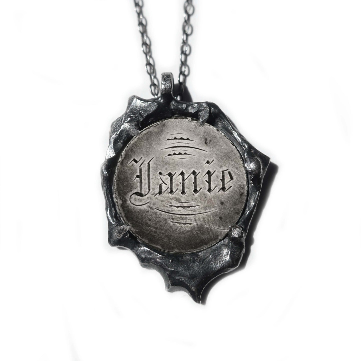 Sterling silver love token pendant engraved with "Janie" on 20-inch chain, vintage style