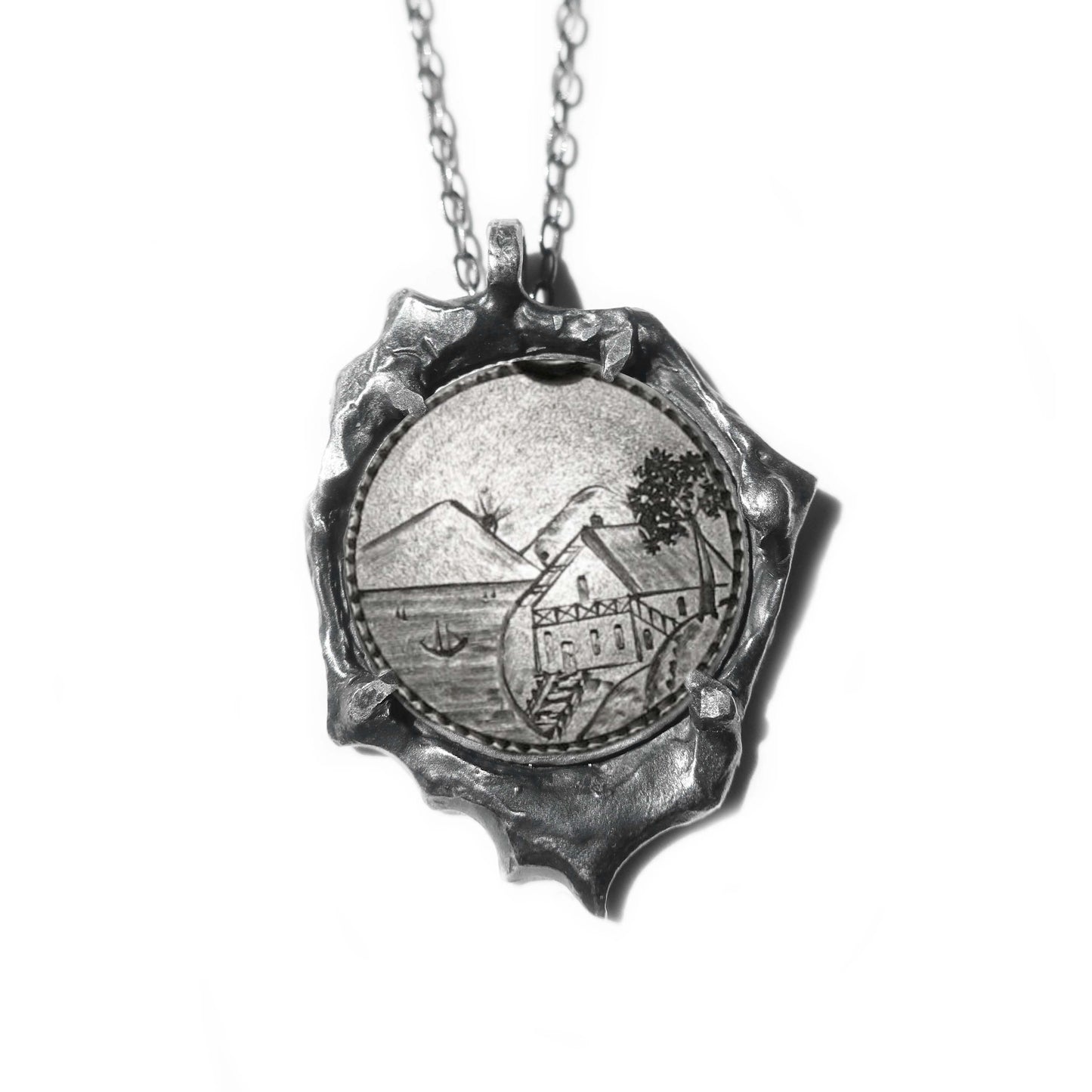 Farm House on the Water love token pendant engraved on silver coin with beach scene on 20-inch silver chain