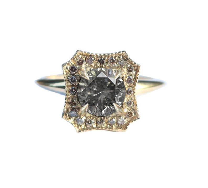 14k gold webbed halo ring setting with diamond halo and central stone placeholder
