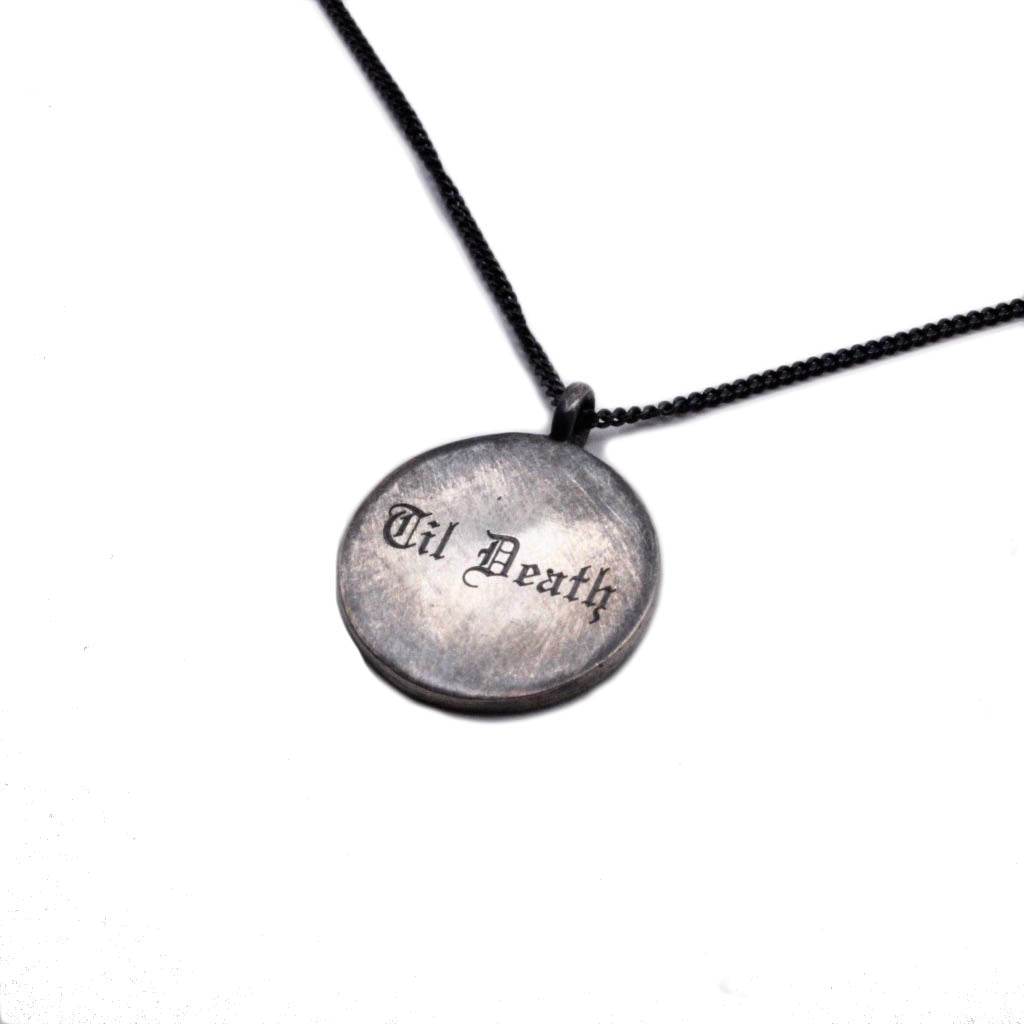 Sterling silver Til Death pendant with gothic engraving on black chain