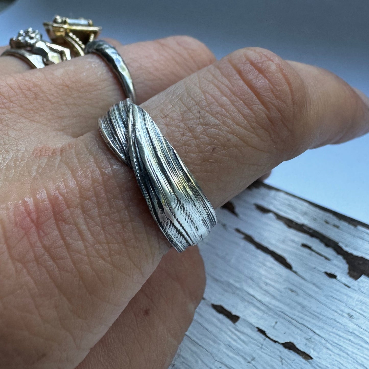 Mitsuro Hikime handmade sterling silver wrap ring with unique pattern size 7.5