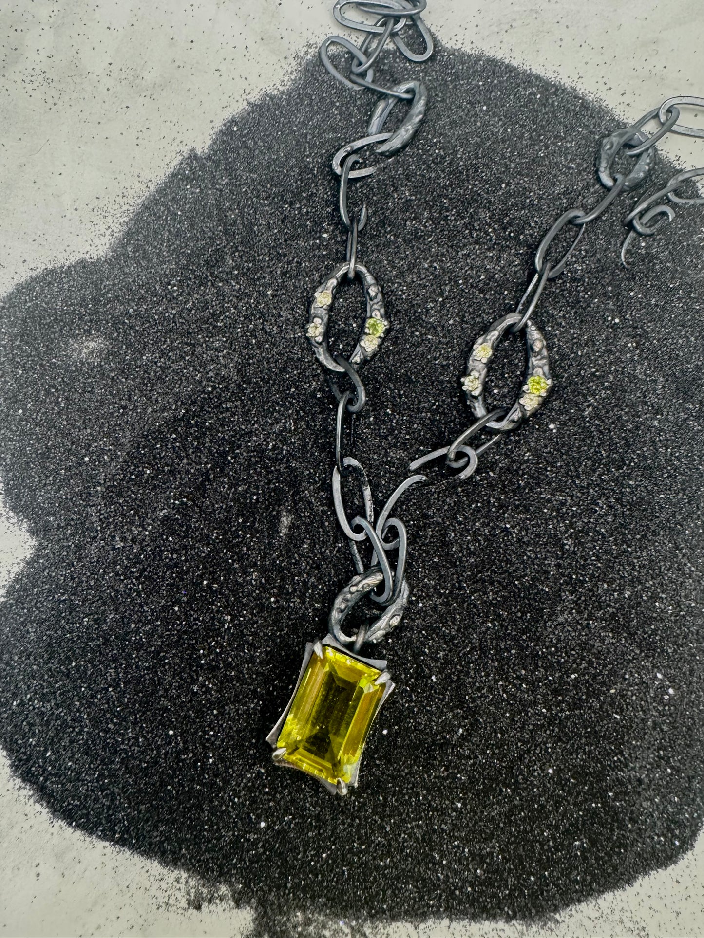Green Lemon Quartz Statement Necklace with large embellished chain