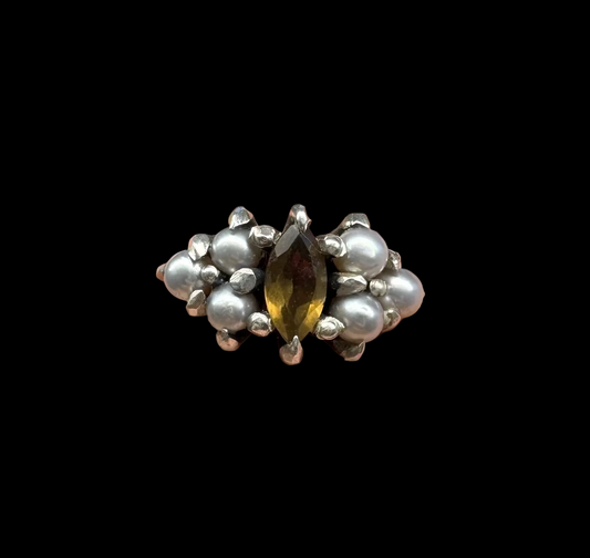 Grey Pearl and Sunset Quartz silver ring size 6.5