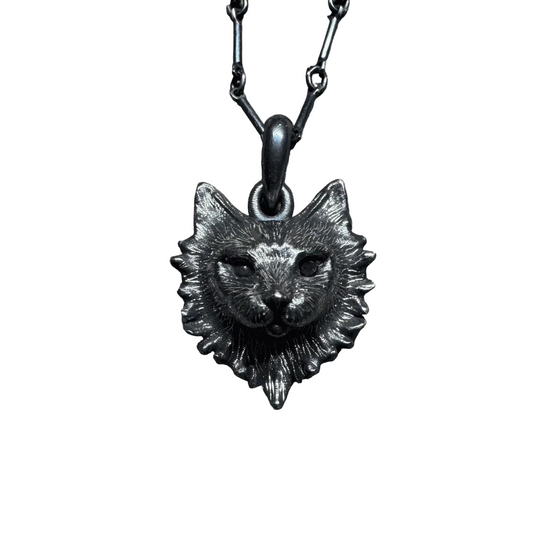 Small Sun Cat Pendant sterling silver with black diamond eye and hand engraved fur pattern