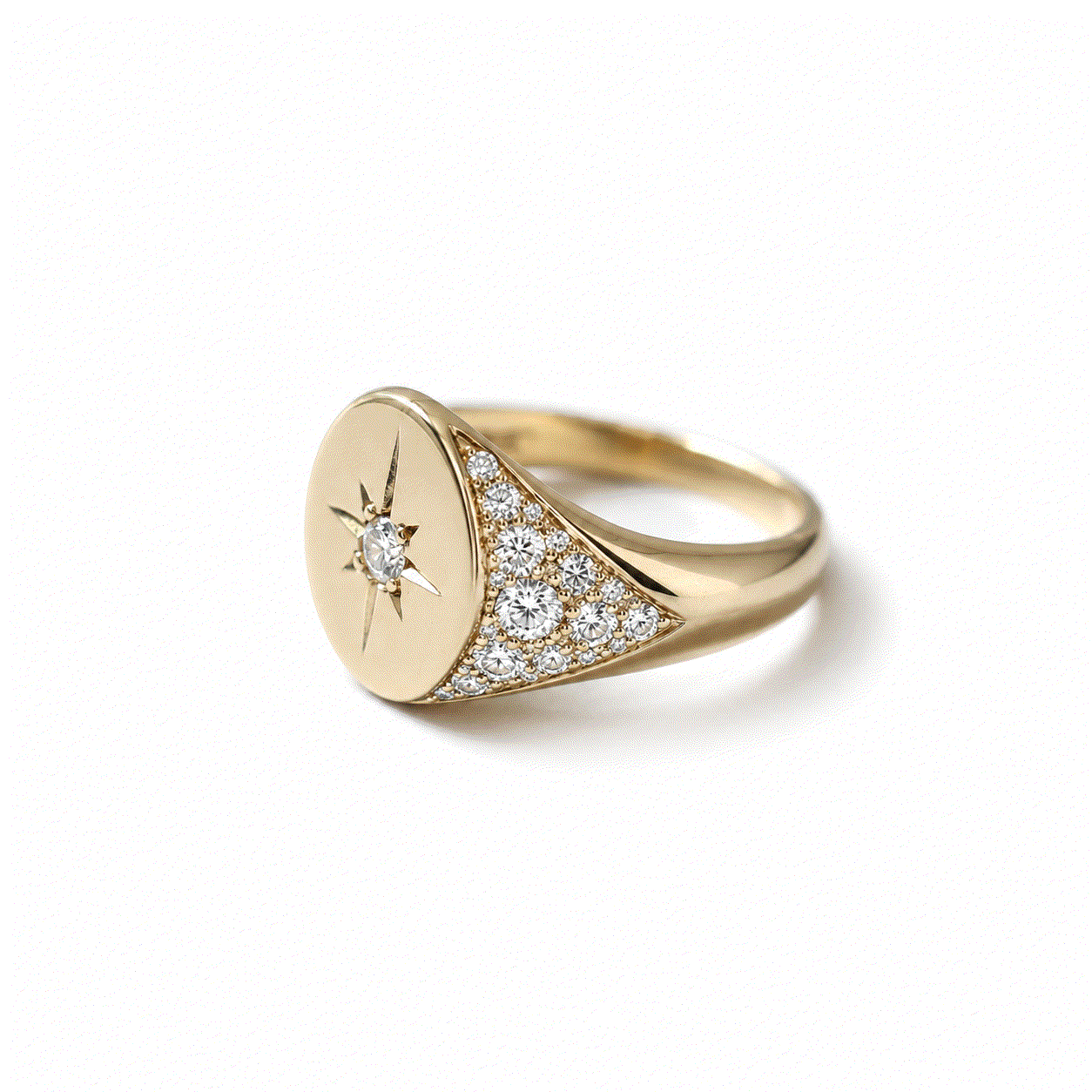 Compass signet diamond ring in 14k gold with VS white pave diamonds and star engraving