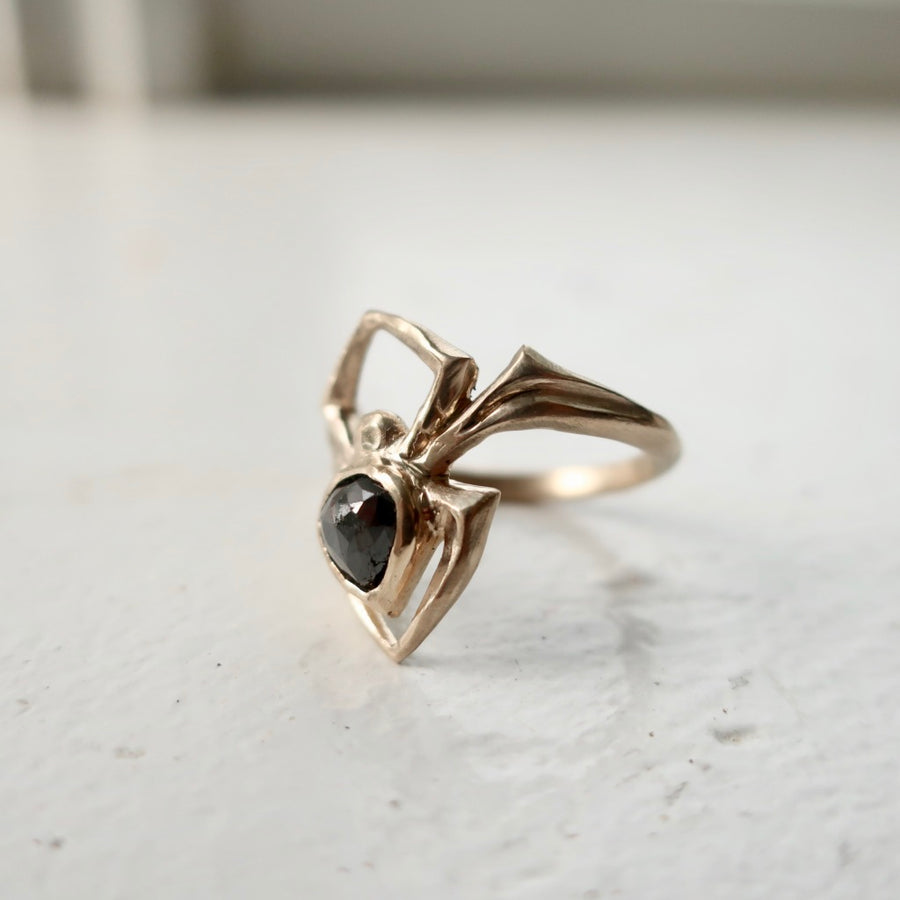 One of a Kind 14 Karat Gold and Diamond Spider Ring with Black Diamond