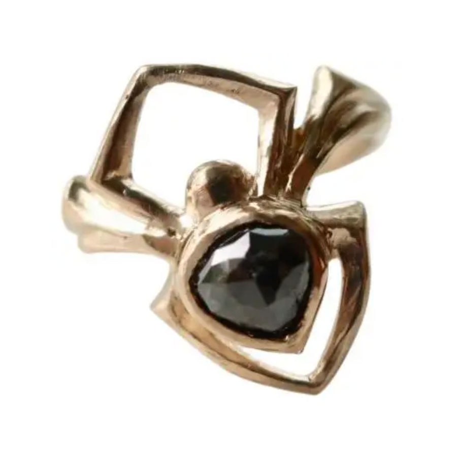 One of a Kind 14 Karat Gold and Diamond Spider Ring with Black Diamond