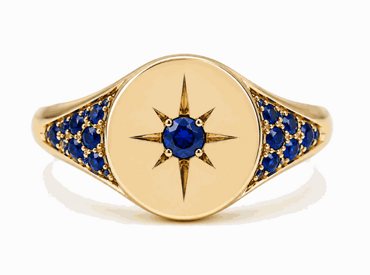 Compass Star Signet Ring in 14k Gold with Blue Sapphires