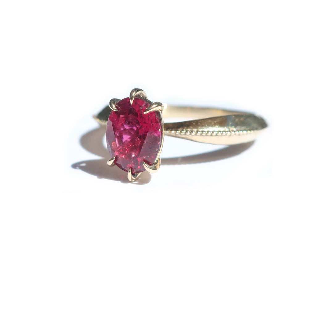 Pink Tourmaline Tapered Solitaire Ring in 14K Yellow Gold - Mary Gallagher