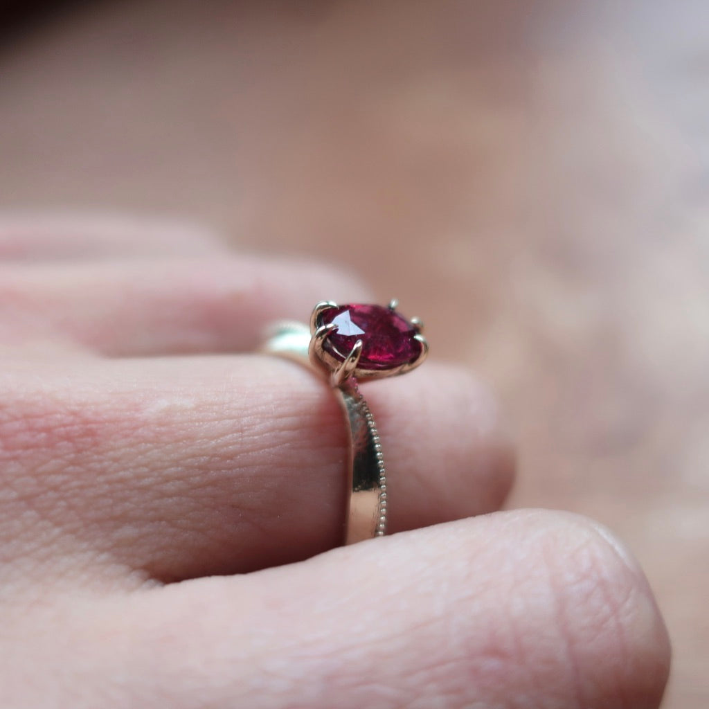 Pink Tourmaline Tapered Solitaire Ring in 14K Yellow Gold - Mary Gallagher