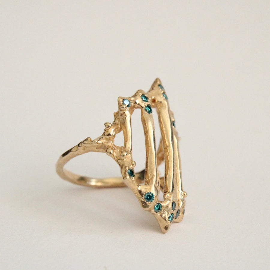 Gothic Gold Gate Ring with Blue Diamonds in 14 Karat Yellow Gold