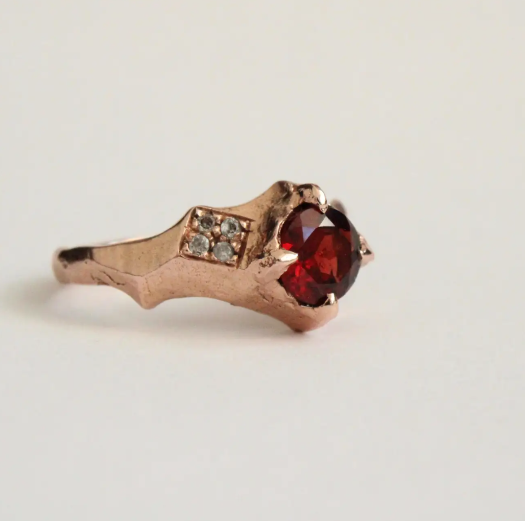 Garnet and Diamond Sculptural Ring in 14 Karat Rose Gold