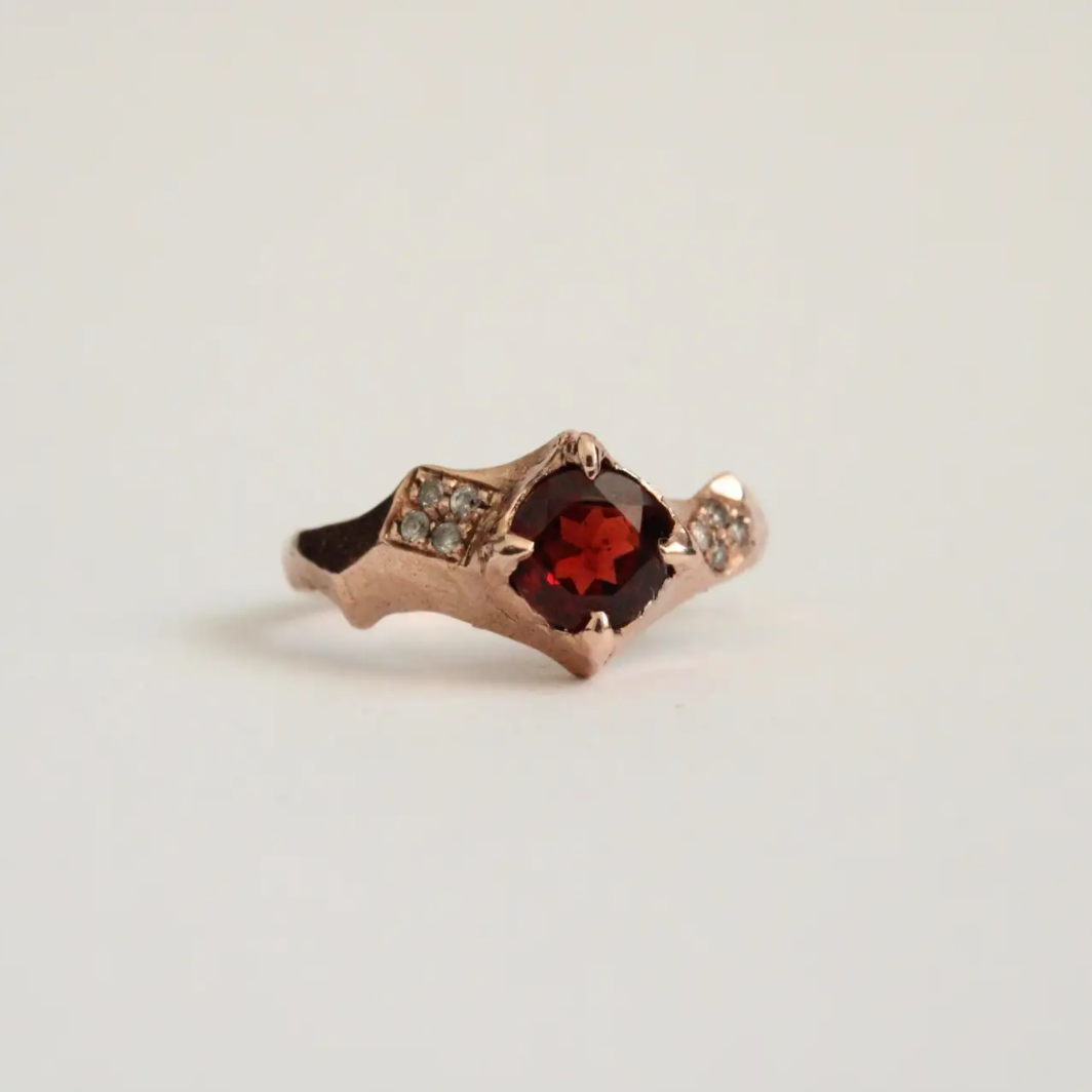 Garnet and Diamond Sculptural Ring in 14 Karat Rose Gold