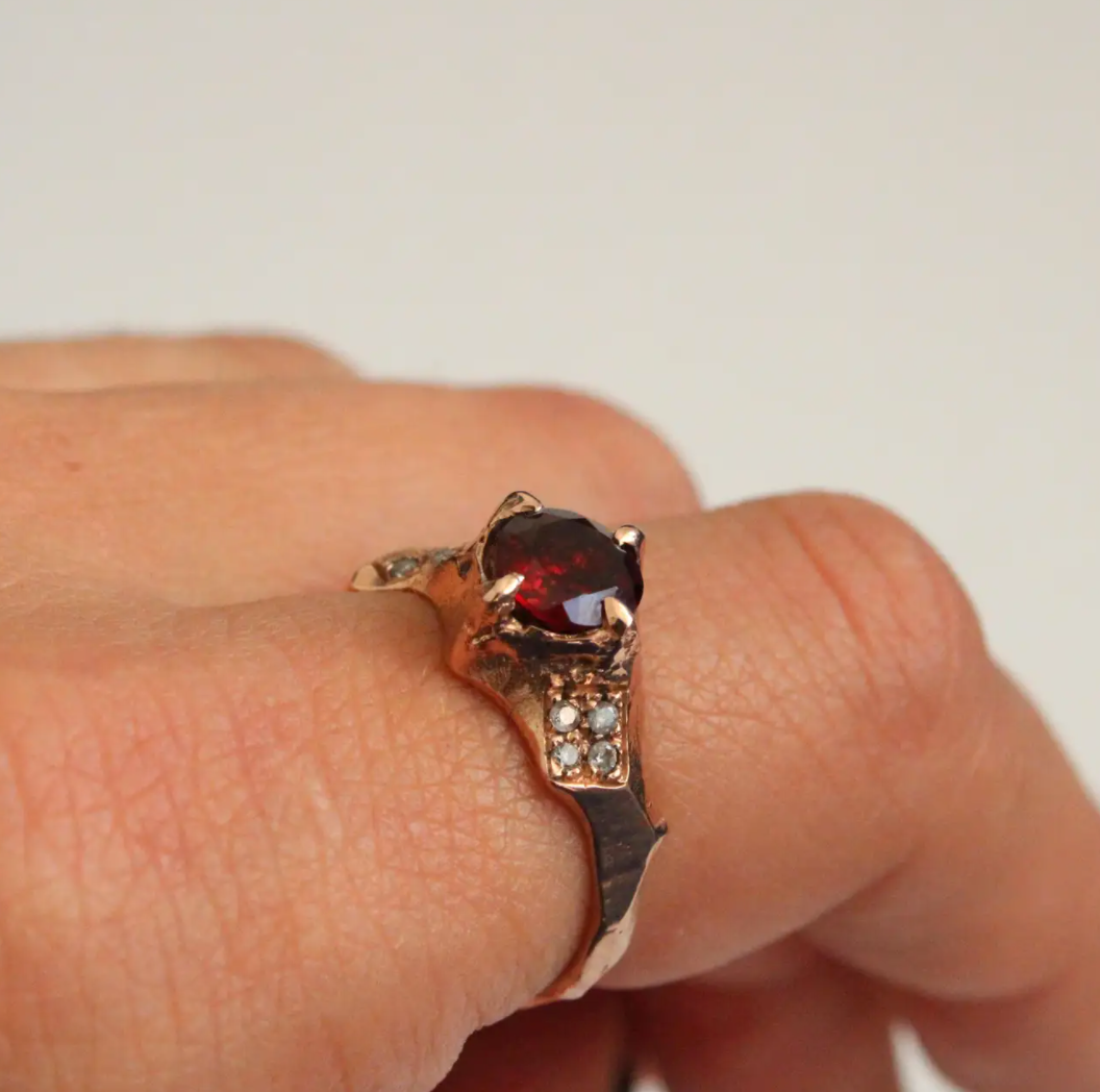 Garnet and Diamond Sculptural Ring in 14 Karat Rose Gold