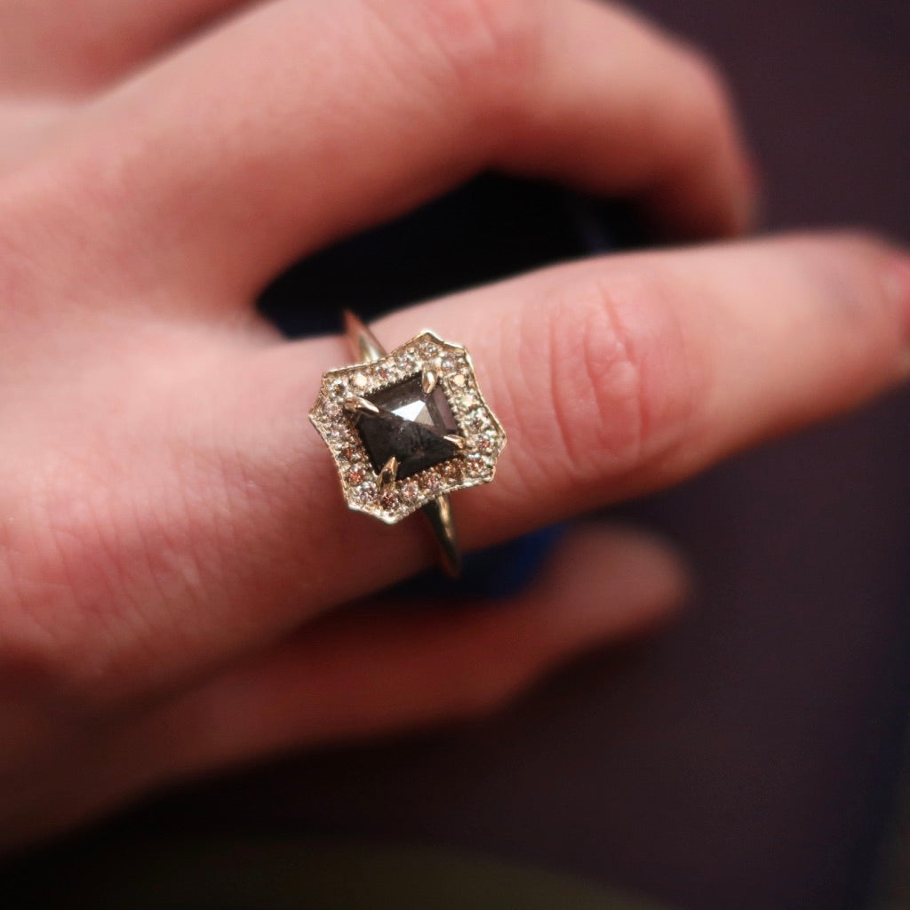 Yellow gold Black Diamond and Champagne Halo Ring - Mary Gallagher