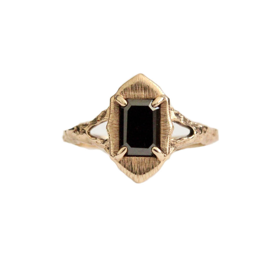 Emerald Cut Black Diamond Ring in 14 Karat Yellow Gold