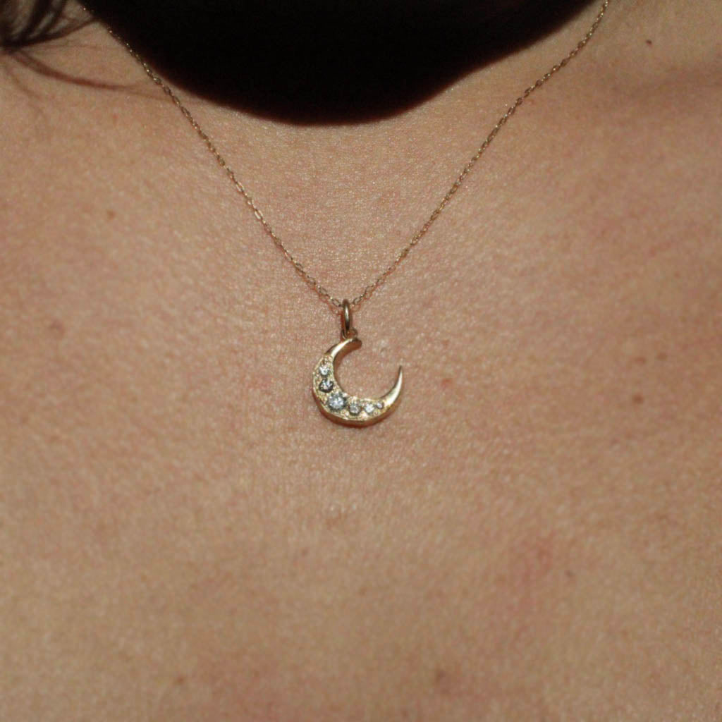 Crescent Moon Pendant with Salt and Pepper Diamonds in 14 Karat Gold