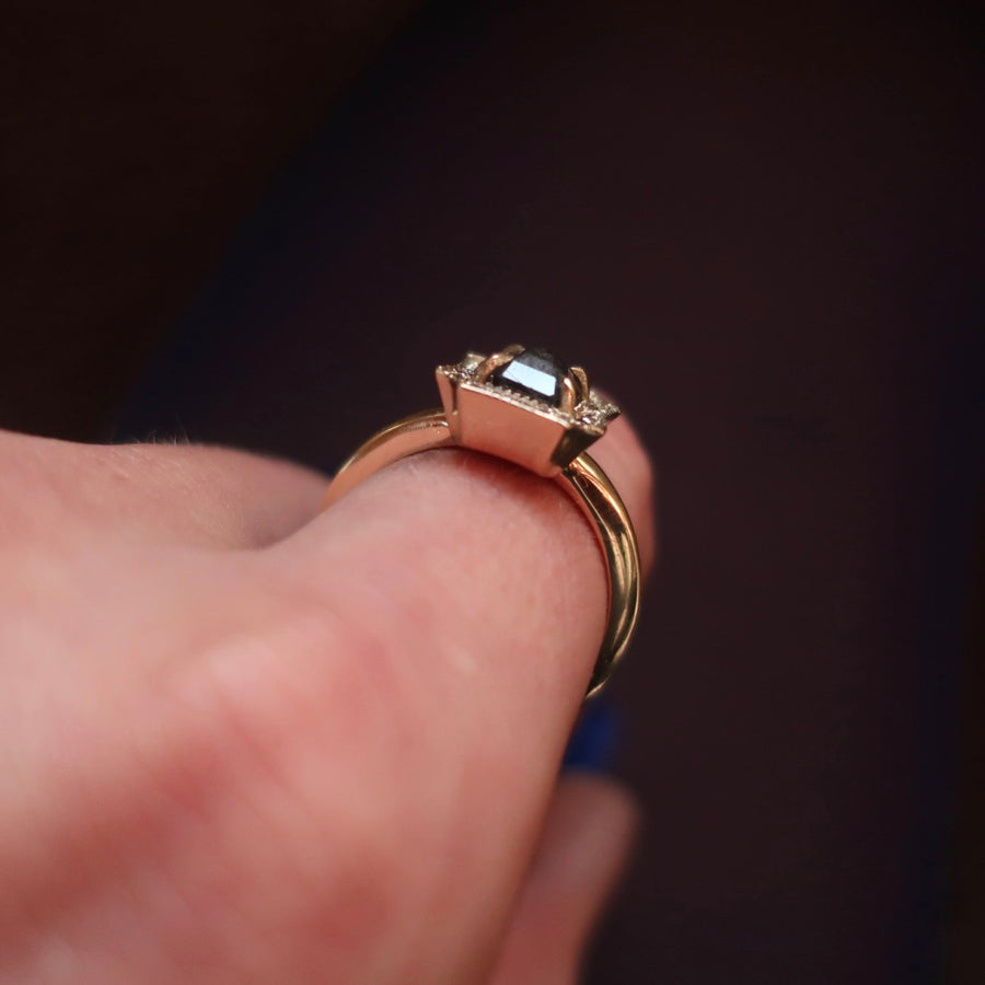 Yellow gold Black Diamond and Champagne Halo Ring - Mary Gallagher