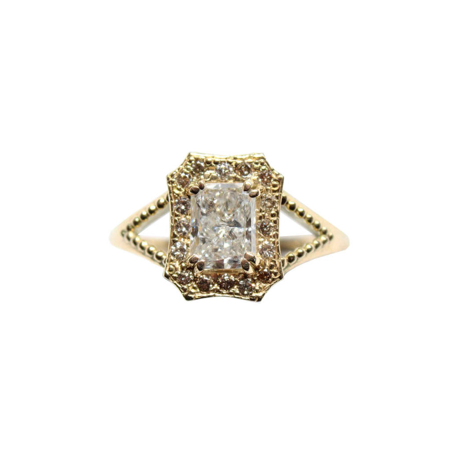 18 Karat Yellow Gold Emerald Halo Diamond Ring - Mary Gallagher