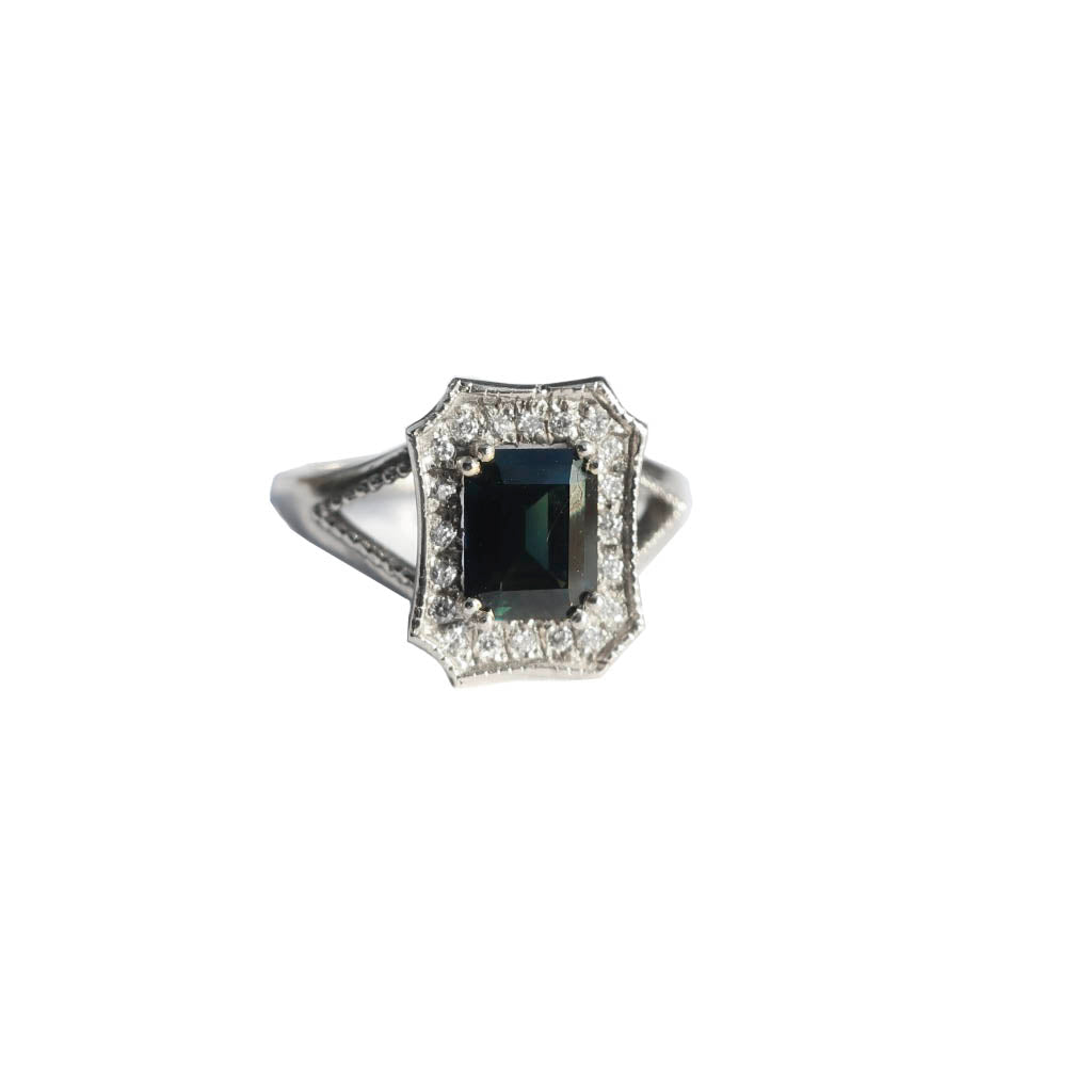 Blue Emerald Cut Sapphire 18 Karat White Gold Diamond Ring - Mary Gallagher