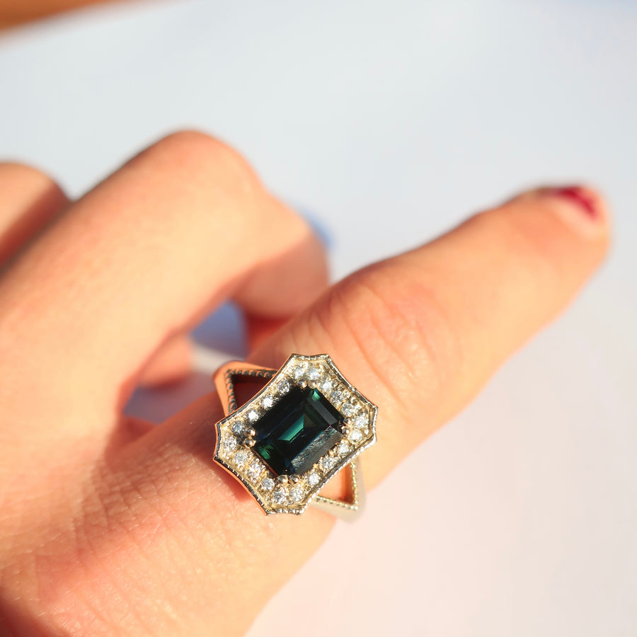 Blue Emerald Cut Sapphire 18 Karat White Gold Diamond Ring - Mary Gallagher