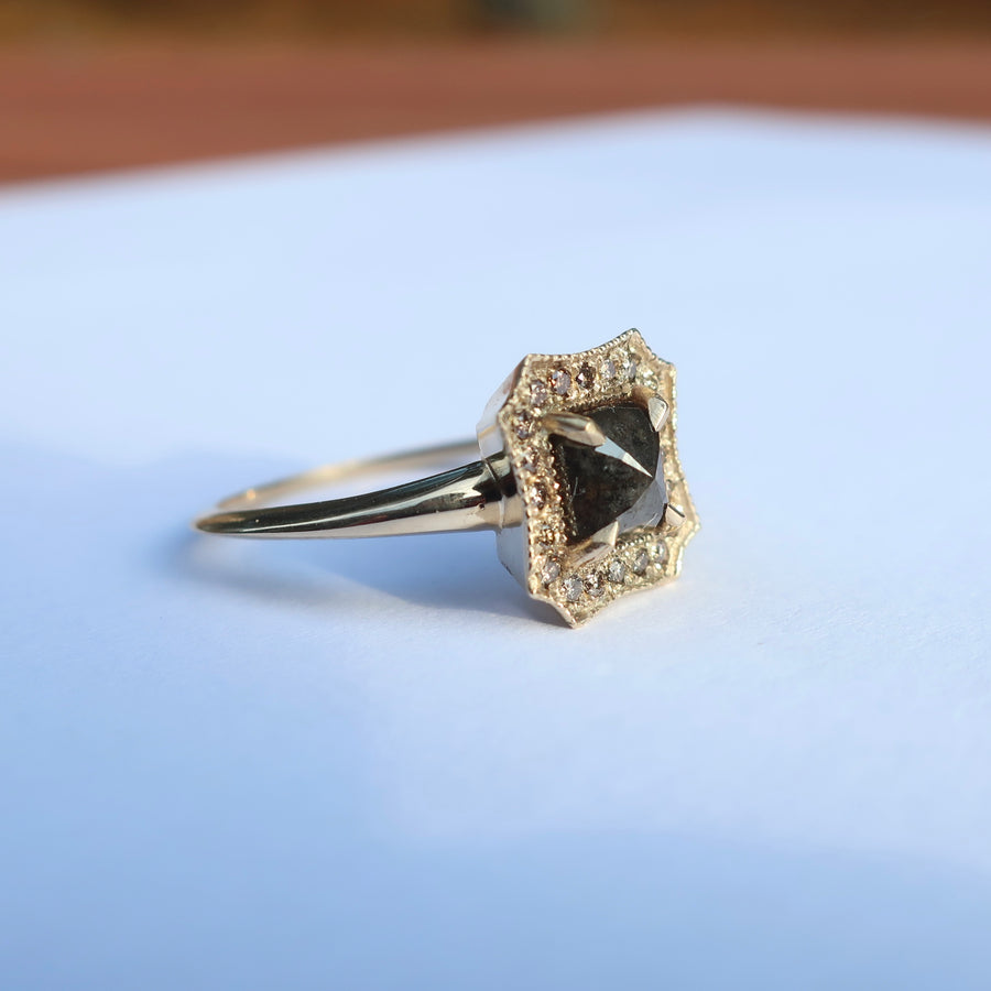 Yellow gold Black Diamond and Champagne Halo Ring - Mary Gallagher