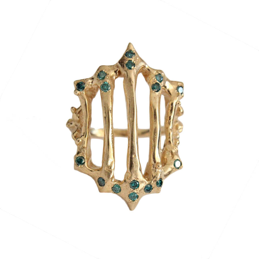 Gothic Gold Gate Ring with Blue Diamonds in 14 Karat Yellow Gold