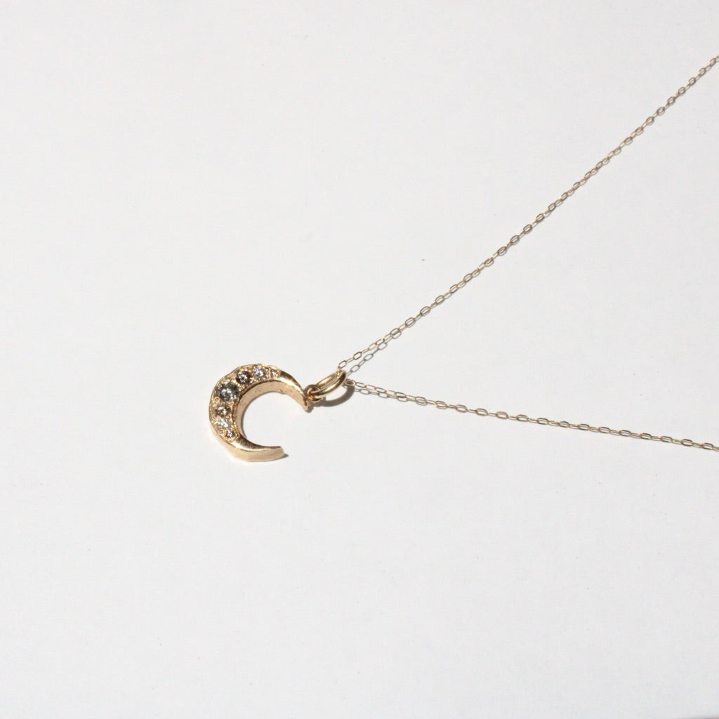 Crescent Moon Pendant with Salt and Pepper Diamonds in 14 Karat Gold