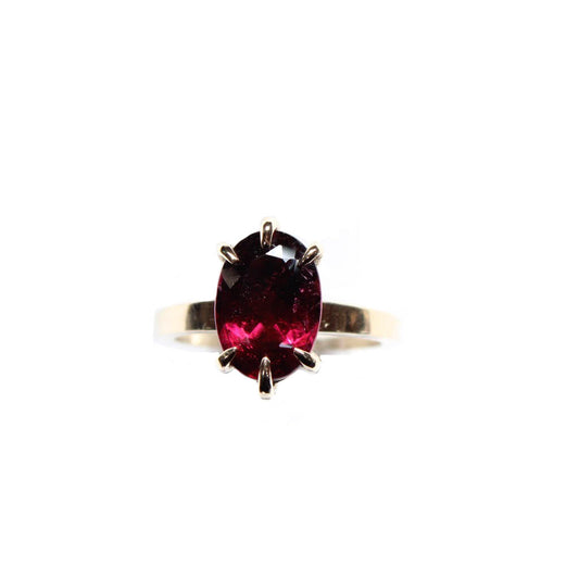 Raspberry Oval Rubellite Pink Tourmaline Ring in 14 Karat Yellow Gold - Mary Gallagher