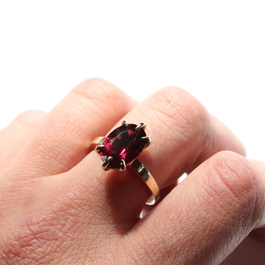Raspberry Oval Rubellite Pink Tourmaline Ring in 14 Karat Yellow Gold - Mary Gallagher