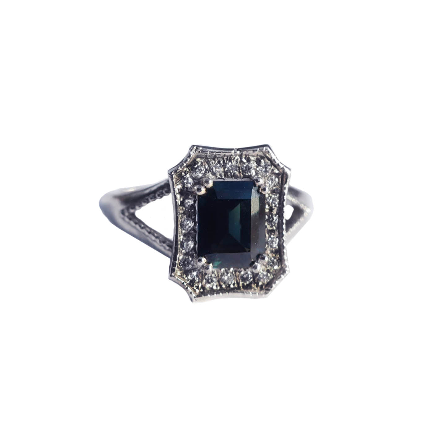 Blue Emerald Cut Sapphire 18 Karat White Gold Diamond Ring - Mary Gallagher