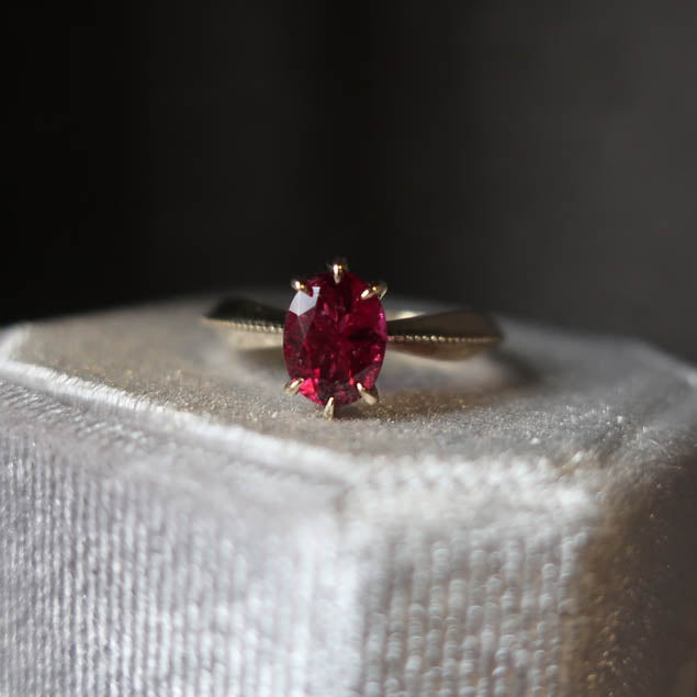 Pink Tourmaline Tapered Solitaire Ring in 14K Yellow Gold - Mary Gallagher