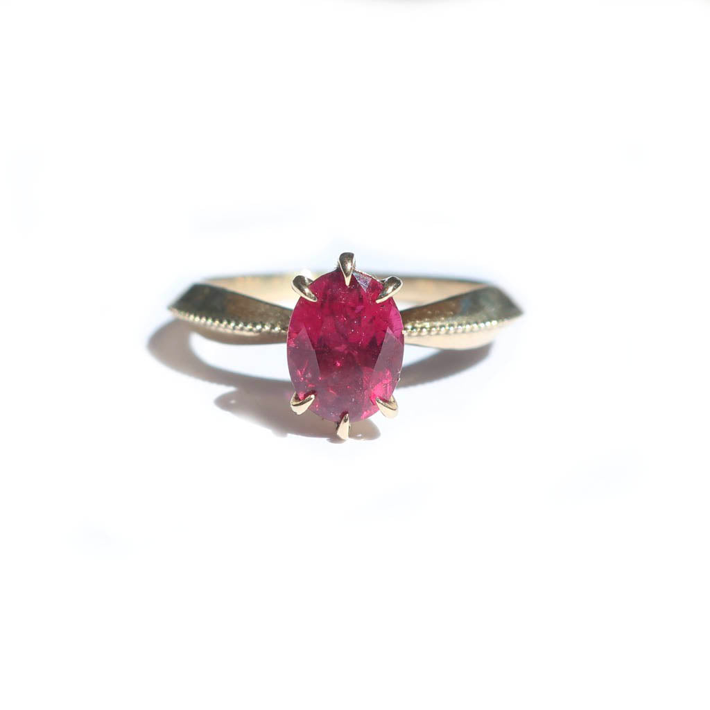 Pink Tourmaline Tapered Solitaire Ring in 14K Yellow Gold - Mary Gallagher