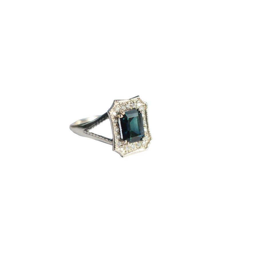 Blue Emerald Cut Sapphire 18 Karat White Gold Diamond Ring - Mary Gallagher