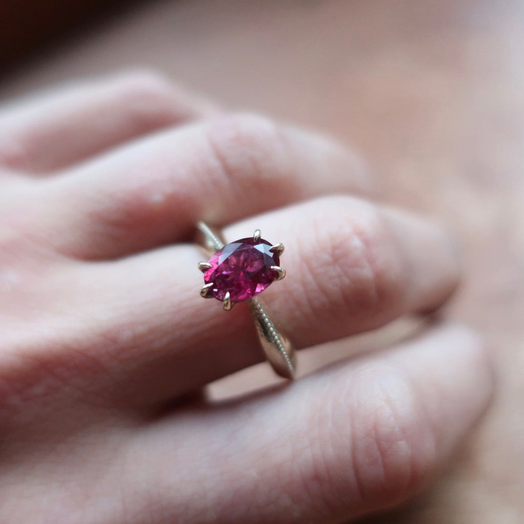 Pink Tourmaline Tapered Solitaire Ring in 14K Yellow Gold - Mary Gallagher